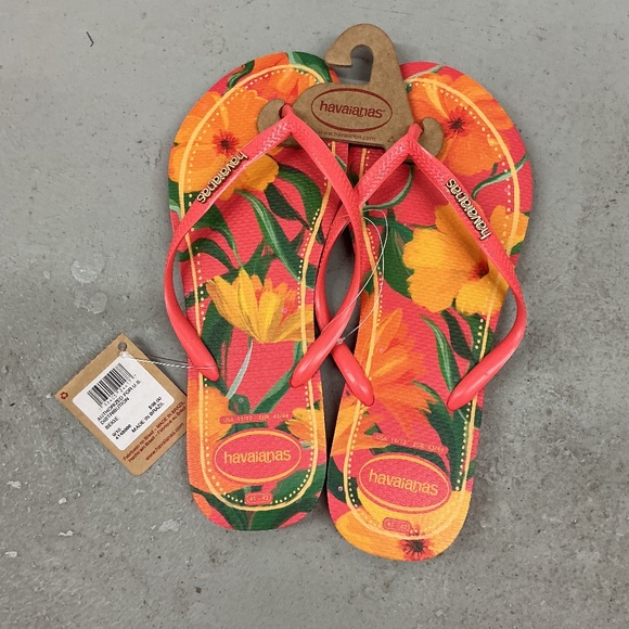 NWT Havaianas Slim Flip Flops Tropical Coral with Gold Metallic Logo on Strap - Picture 6 of 9